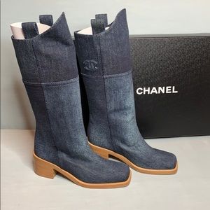 HOST PICK CHANEL High Boots Dark Blue Denim 37